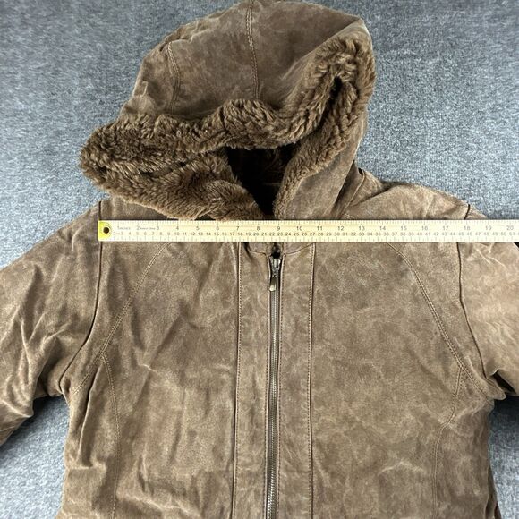 St Johns Bay Washable Suede Coat Womens Sz S 100% Leather Faux Fur Lined Hooded - Picture 8 of 10